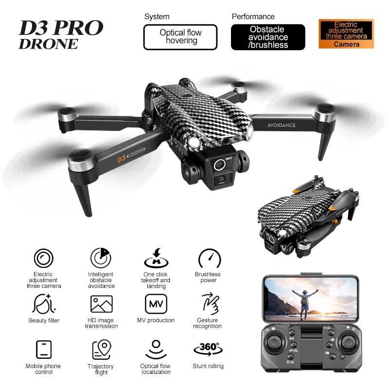 D3 Rc Drone Brushless Motor Obstacle Avoidance Aerial Photoflow Professional 4K 8K HD Three Camera Foldable Quadcopter