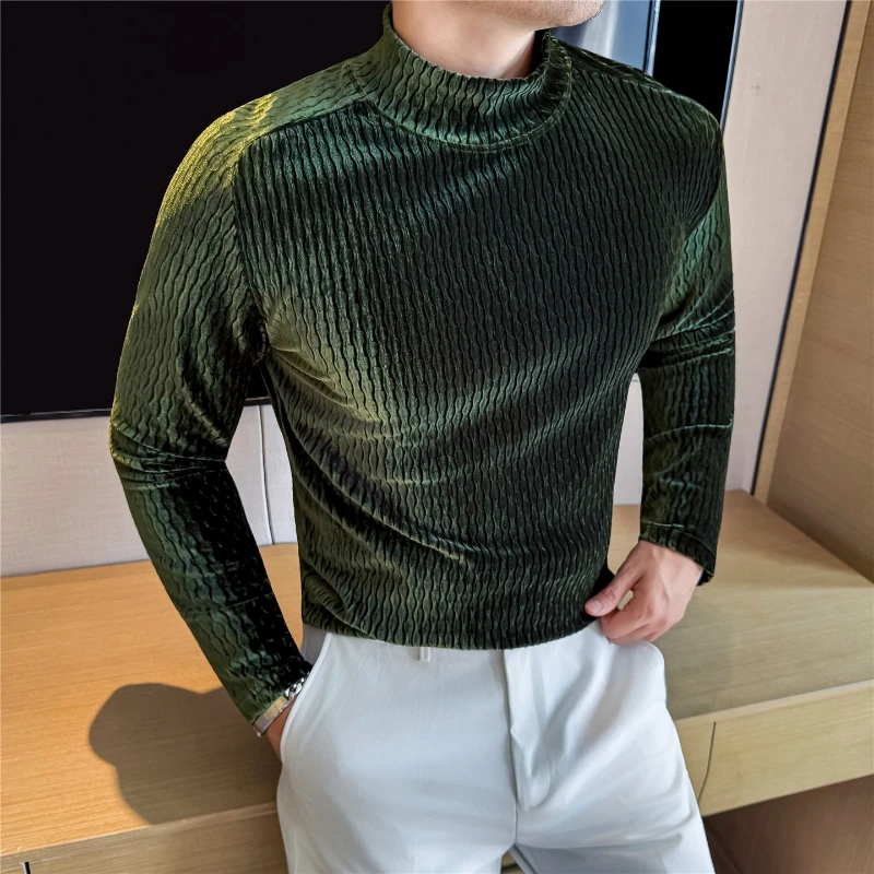 

Роскошный пуловер с длинными рукавами, велюровая футболка для мужчин, осень-зима, тонкие утепленные футболки на основе, модные яркие футболки с аргайлом