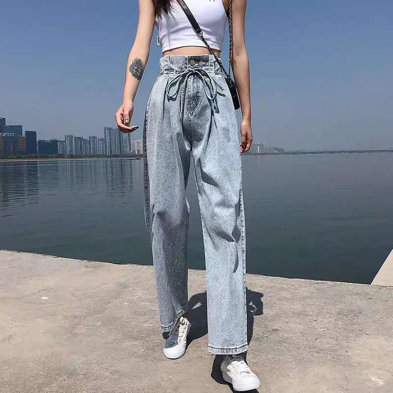 

High-waisted straight jeans wide-leg pants women loose thin bud waist dragging pants pear-shaped body female pants