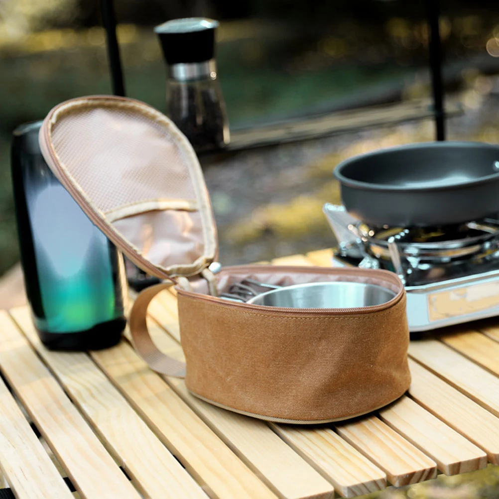 

Portable Canvas Camping Bowl Organizer Durable Hiking Cutlery Bag Lightweight Outdoor Tableware Bag Picnic Bowl Storage