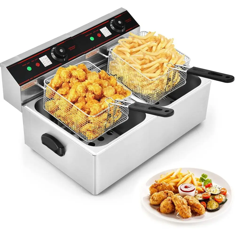5000W Dual Tank Electric Countertop Fryer with 2 Baskets, Stainless Steel, Adjustable Temperature for French Fries, Chicken, Shr