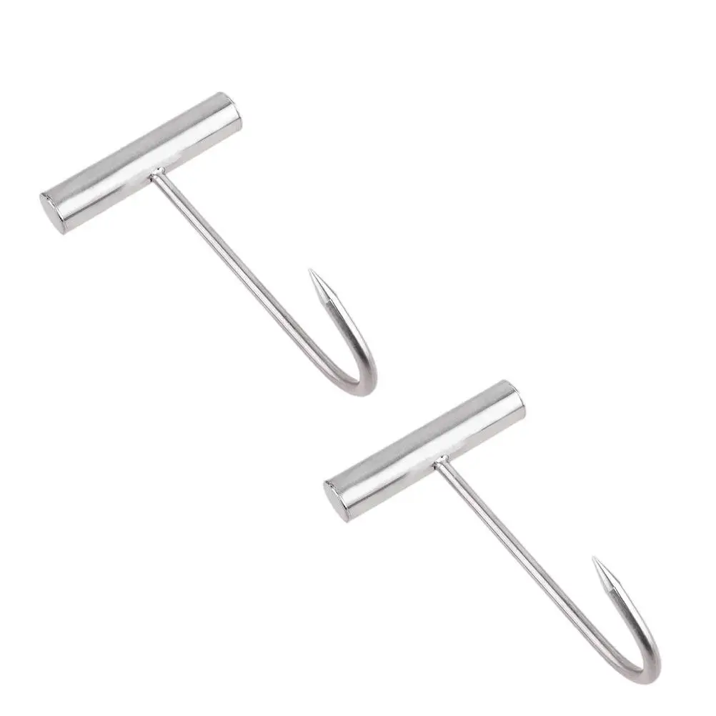 2Pcs Sanitary Textured Handle Stainless Steel T Meat Hooks for Pork Hanger Ham Hanging Butcher Meat Processing Kitchen Use