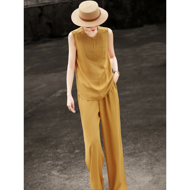 MEXCOCO 2026 Summer New Casual Linen Two Piece Set Sleeveless Textured Vest High Waist Wide Leg Pants Commuter Matching Suit