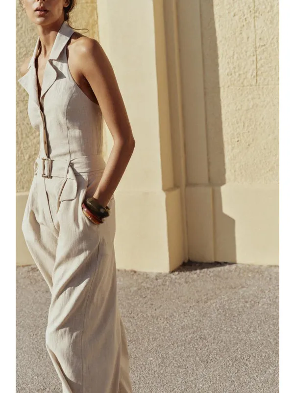 Tuta casual in lino misto lana con cintura Simple Faion Donna Autunno New Sle Vita alta Un pezzo Dr senza Sves