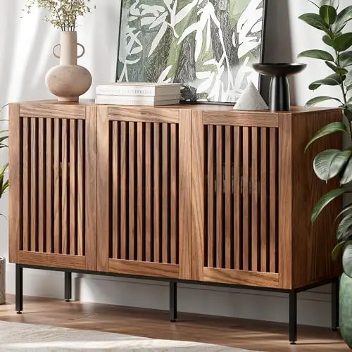 Buffet Cabinet, Modern Credenza Storage Cabinet with Adjustable Shelves and Metal Base, 47 Inch Wood Multifunctional