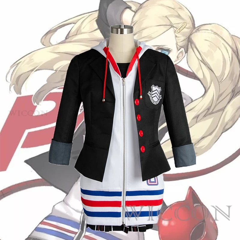 

Костюм для косплея Persona 5 Anne Takamaki, парик, искусственная куртка на Рождество, Хэллоуин, пальто, платье, юбка, чулки, женская одежда