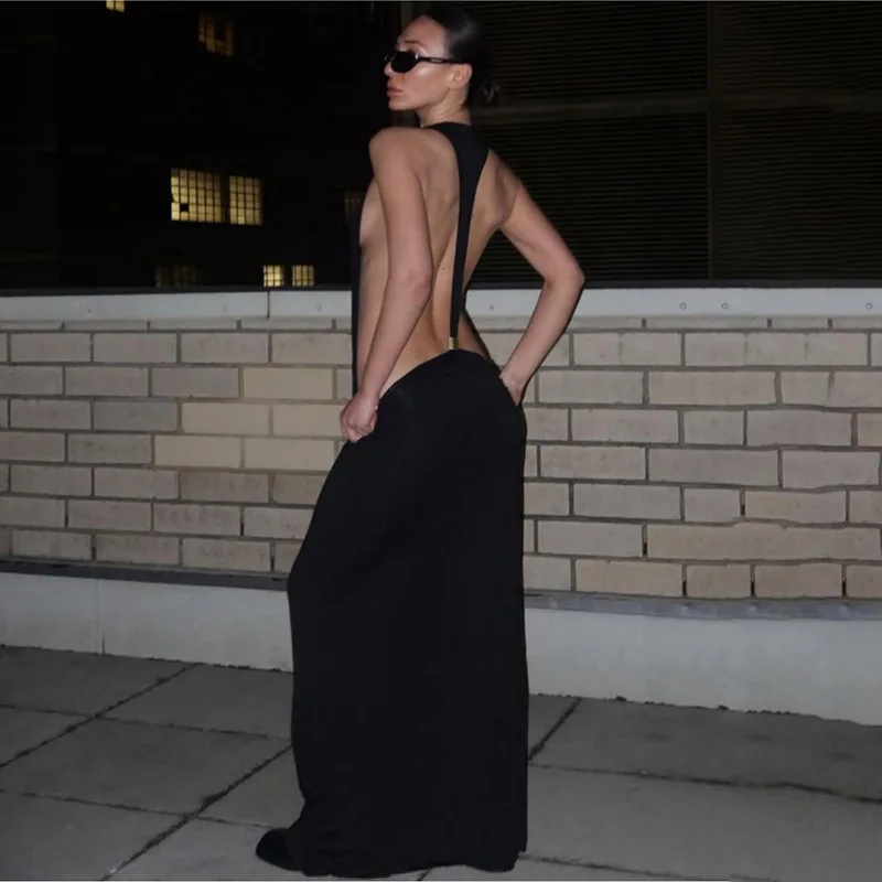 

Sexy Black Prom Dress Backless Sleeveless Ruffles Sheath Long Party Gown Casual Hot Girl Formal Wedding Guest Birthday Robe