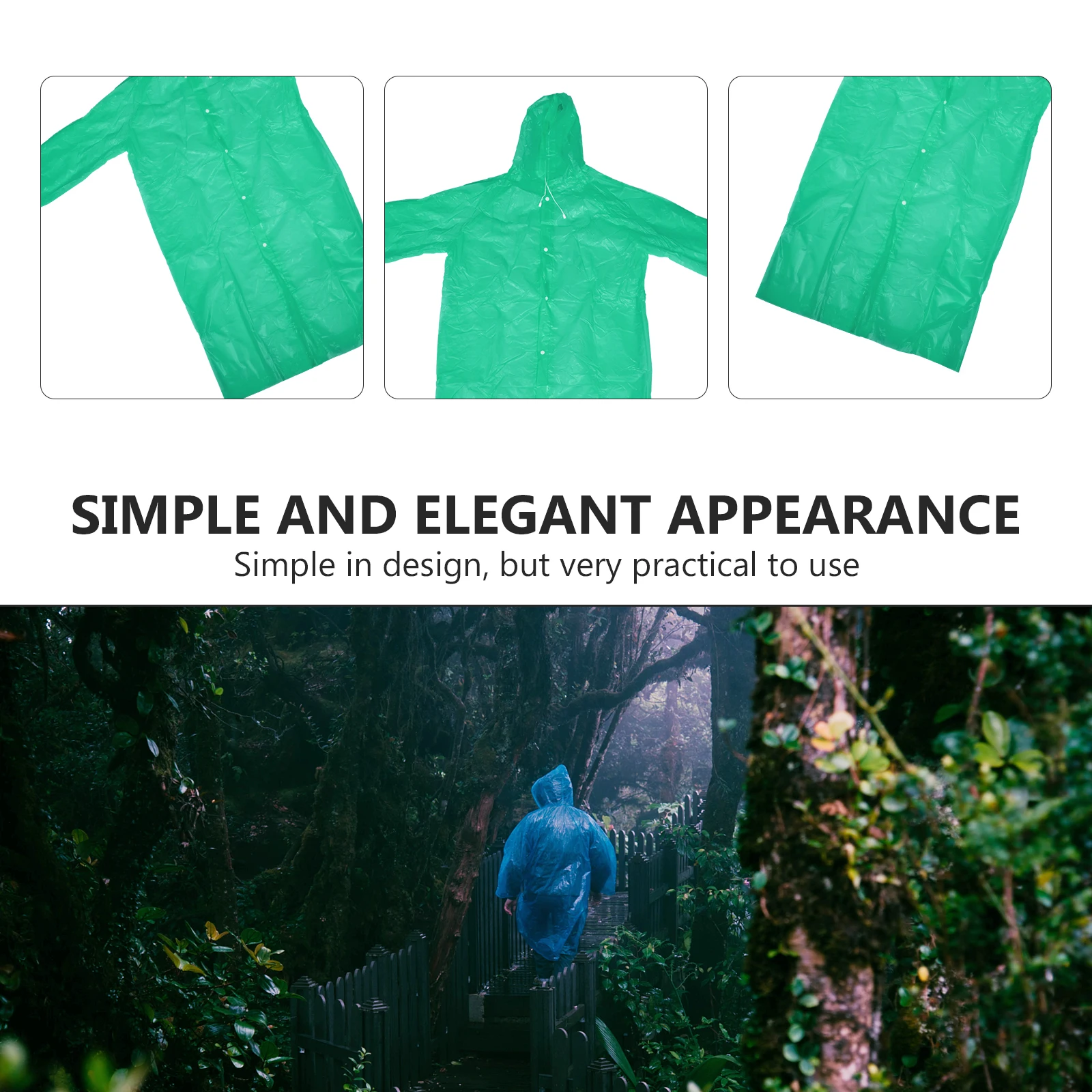 

Rainproof Jacket Women Long Slicker Green Travel Waterproof Raincoat PEVA Material Hoodie Drawstring Collar Secure Handy