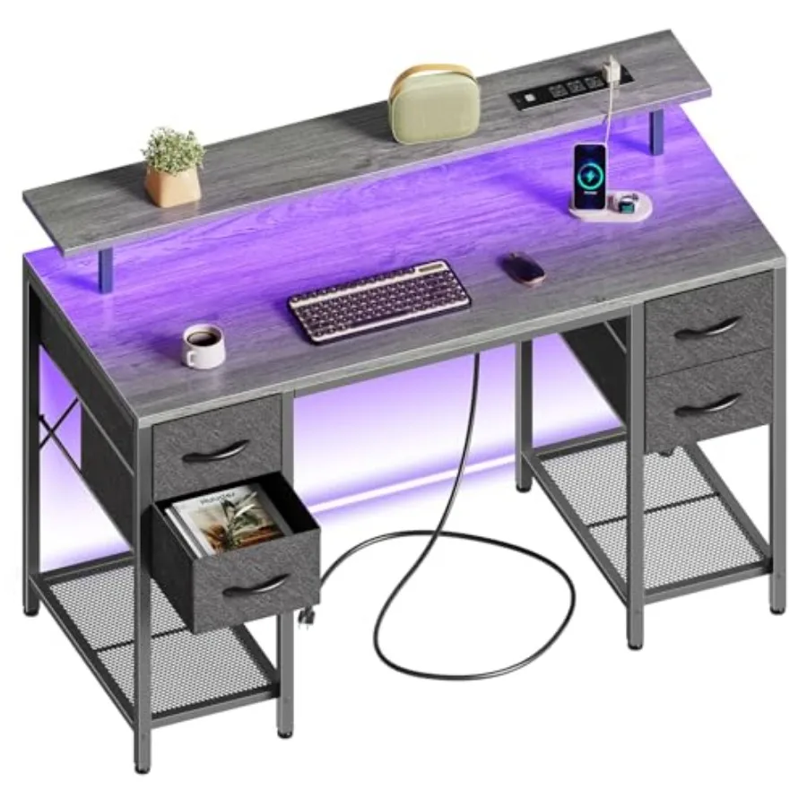 Computer Desk with Power Outlets 4 Drawers for Home Office, Engineered Wood, White, Space-Saving and Cable Management Design