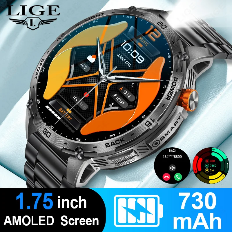 

LIGE наружные умные часы мужчины 730mah большие батареи фонарь военные часы 1,75 '' AMOLED экран водонепроницаемые спортивные умные часы