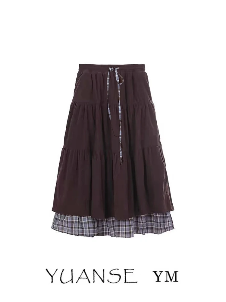 Retro Girl Autumn Winter Double Layered Belted Cake Skirt Corduroy Plaid Splicing Slimming Half Skirt Gallery Girl