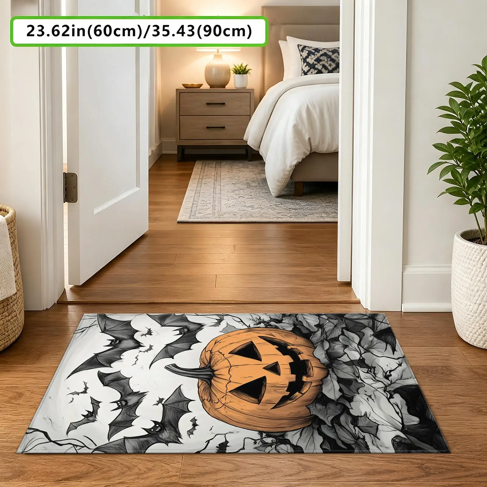 1pc Sketch Style Pumpkin Bat Area Rug, 2D Flat Print, Indoor Floor Mat for Living Room, Halloween Home Decor