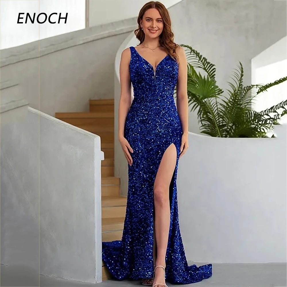 

ENOCH Sparkly Sequined Prom Dresses Sexy Side Slit V-Neck Sleeveless Backless Patry Gown Floor Length Vestidos De Fiesta New