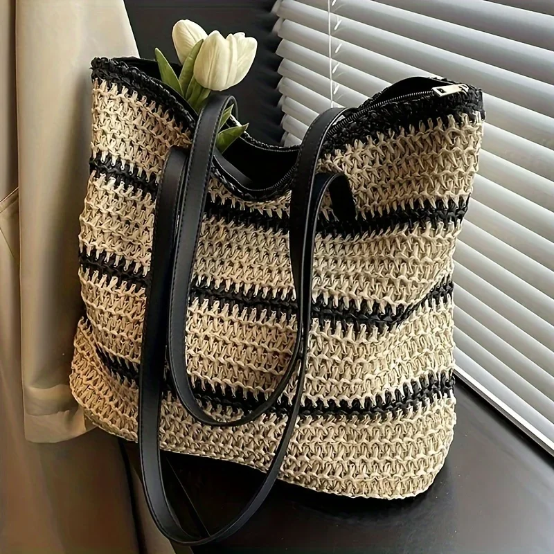 

Contrast Color Casual Commuting Banquet Travel Shoulder Bag, Fashion Woven Large Capacity Beach Style Tote Bag, Women's Bags
