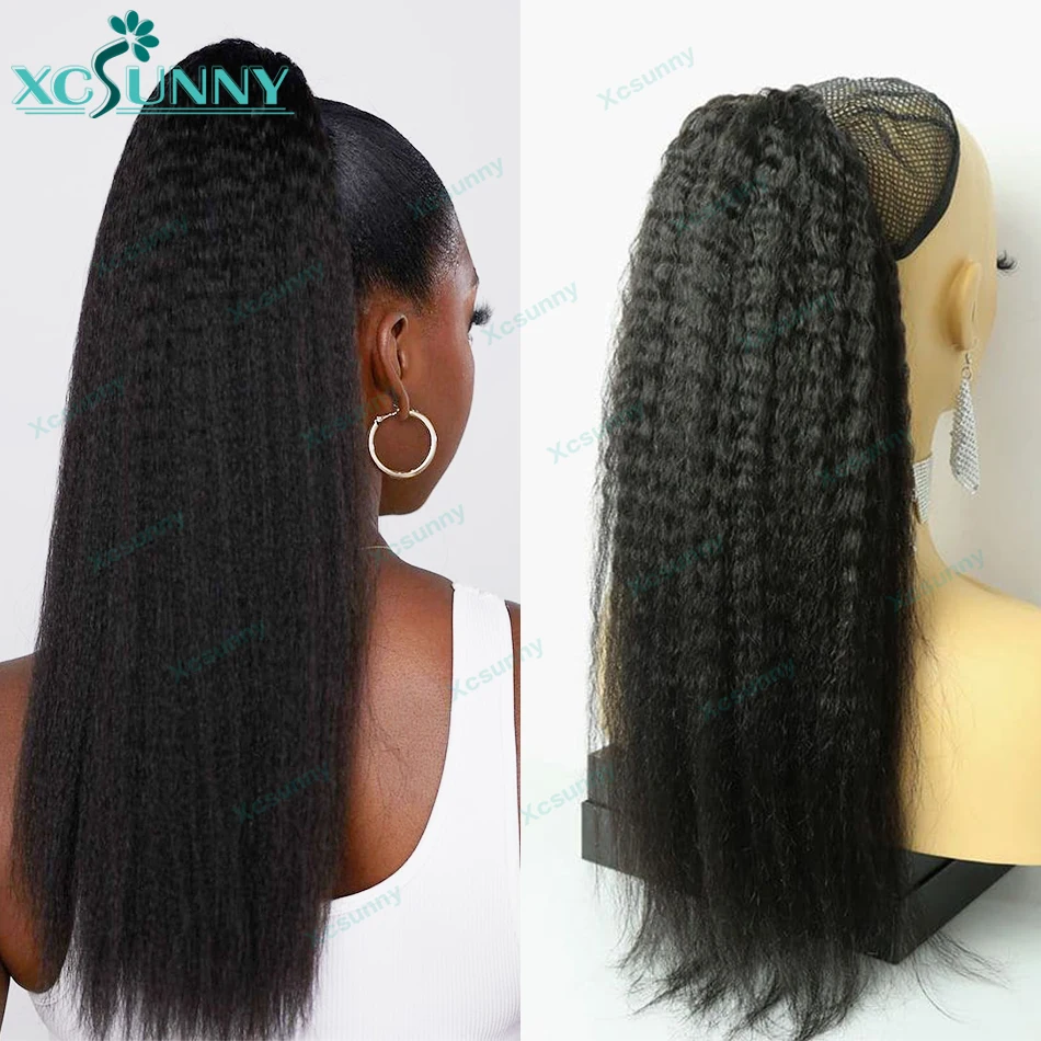 Kinky Straight Ponytail Human Hair Double Drawn Drawstring Ponytail Italian Yaki Straight Drawstring Ponytail Hair Extensions