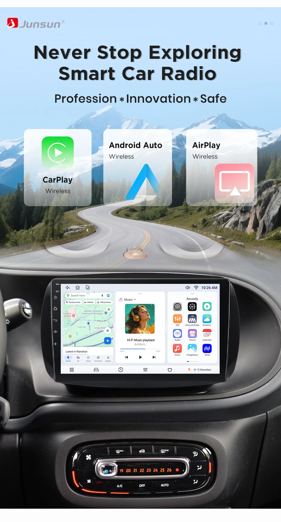 Junsun Kabelloses CarPlay Android Auto Autoradio für Mercedes Benz Smart 453 Fortwo 2014-2020 2 DIN Multimedia-Stereoanlage mit integriertem Lüfter GPS-Navigation SWC Bluetooth FM RDS DSP IPS-Bildschirm Intelligente Autosysteme – Detail 3