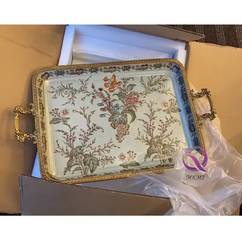 Handmade Rectangular Tray with Gold Brass Metal Frame Pintorted Flower Pattern Elegant Table Decor for Home Accessories