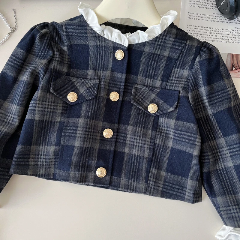 Girls\' Suit Autumn Girls\' Small Fragrance Style Print Coat + Long Sleeve Preppy Pleated Skirt Two-piece Set 2-7yrs