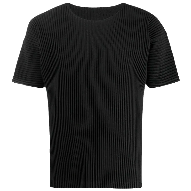 ISSEY Wrinkle Shirt with Pleats, Round Neck, Loose Fit, Versatile and Stylish Summer Short-Sleeved T-Shirt for Men, Trendy Style