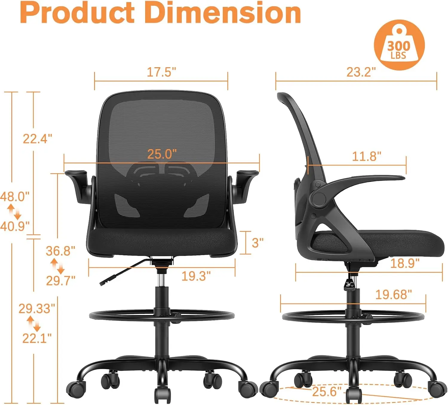Tall Drafting Chair Lumbar Support Footrest Ring Supportive Extended Height Ergonomic Breathable Mesh Office Chair Flip