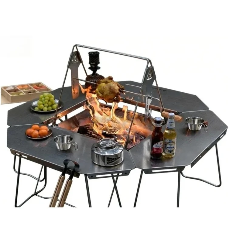 Outdoor BBQ Table  Stainless Steel Foldable Stove Making Tea Igt Camping Table  Campfire Heating Octagonal Table  Multi-function