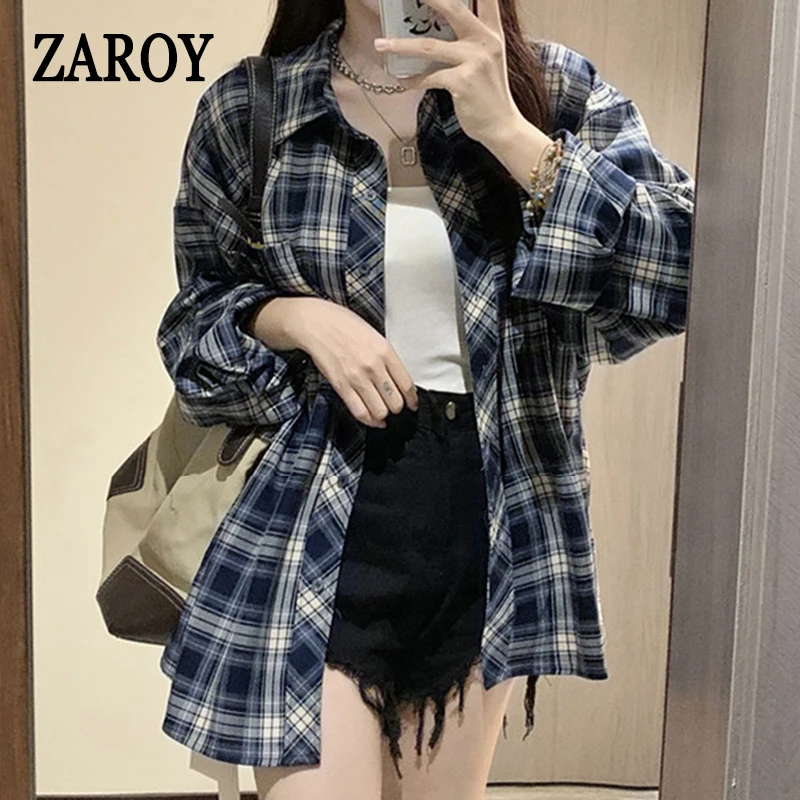 PLAZSON blusas para mujer damska koszula w stylu Vintage z długim rękawem ponadgabarytowa koszula w kratę jesień luźna koszula z klapami i