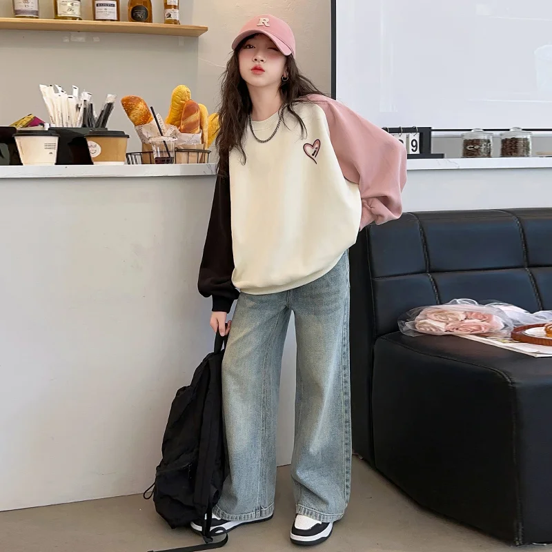 New Korean Children Patchwork Sweatshirts with Heart For Girls Spring Clothing Outerwear Kids Cotton Long Sleeve Pullover Tops - Image 3