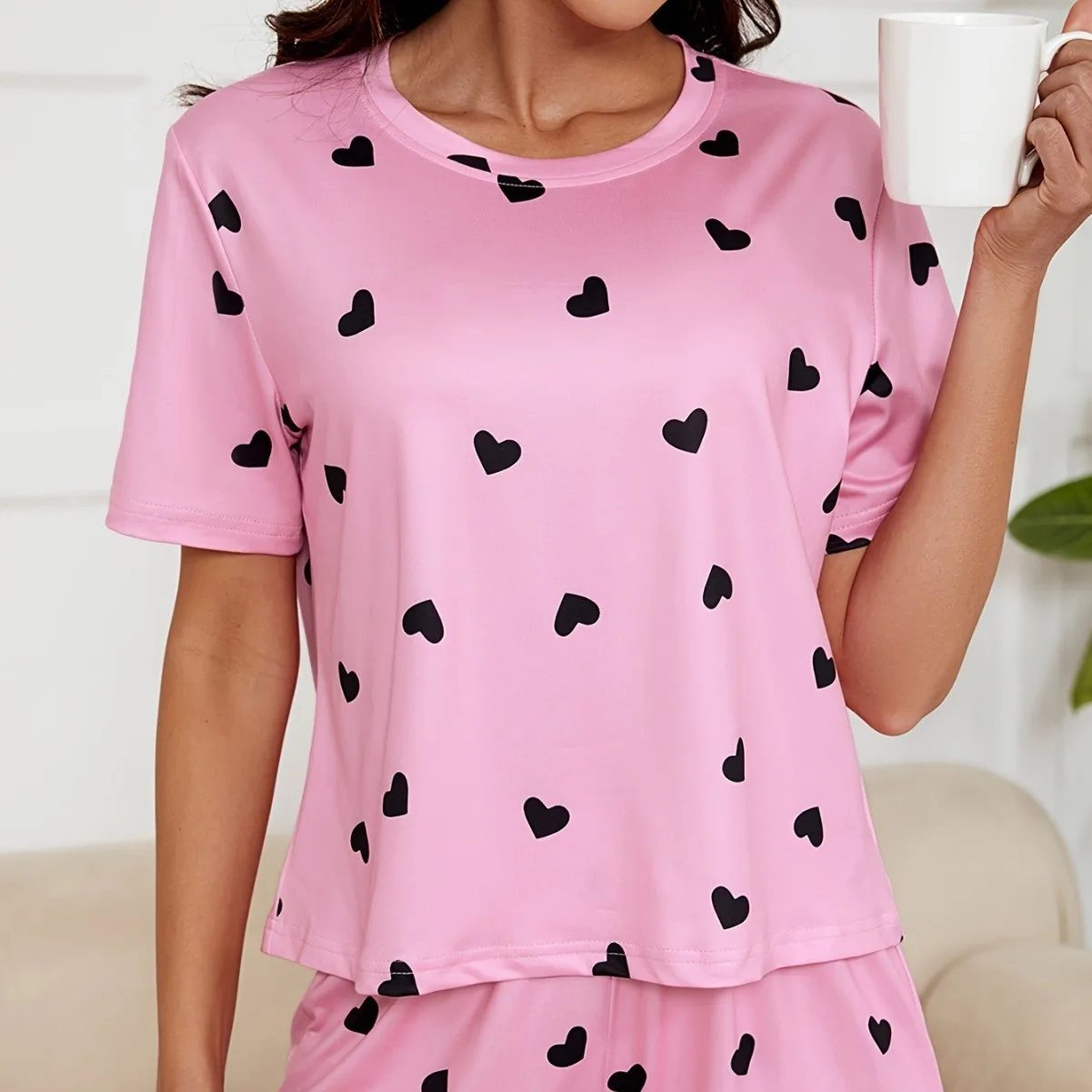 Woman Summer Pajama Crop Top Heart Print Sleepwear Set Women's With Shorts Loungewear Set Pink Elastic Waist Shorts Pajamas