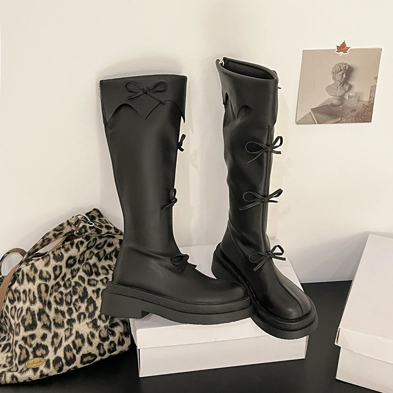 Winter Thick Sole Woman Short Plush High Boot Fashion Butterfly-knot Back Zippers Shoes Women's Slim Knight Long Booties
