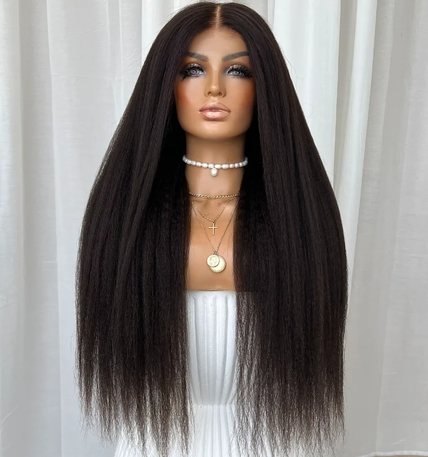 

Kinky Yaki Straight HD transparent 13x4 Lace Front synthetic Long 30 Inch for Women Preplucked Glueless Wigs with Baby Hair