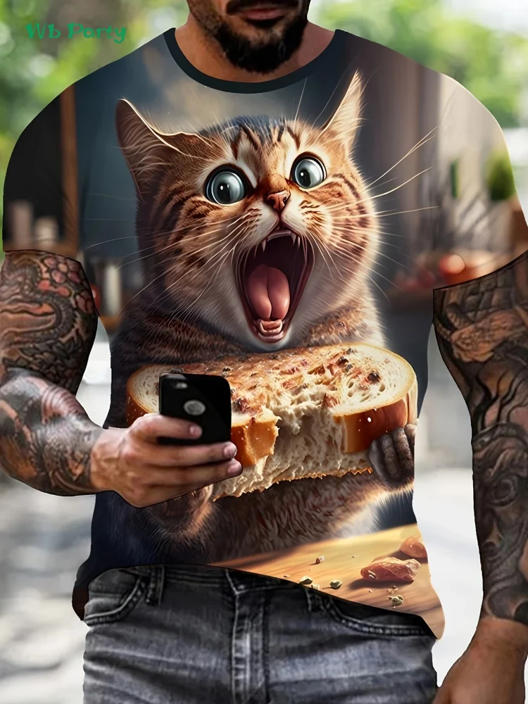 جديد ثلاثية الأبعاد القط تي شيرت مطبوع الصيف في الهواء الطلق الرجال قصيرة الأكمام المحملة موضة الجولة الرقبة الرجال بلايز عادية المتضخم ملابس للرجال