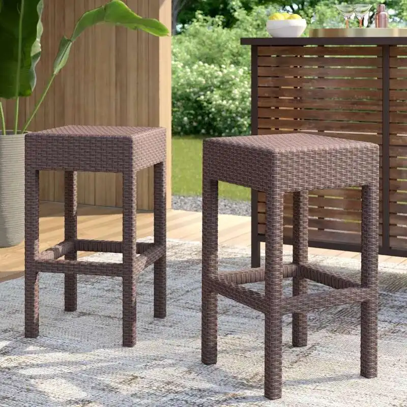 Outdoor PE Rattan Backless Barstools  Set Of 2  Dark Brown  Ideal For Entertaining Guests Outdoors  Patio Or Poolside