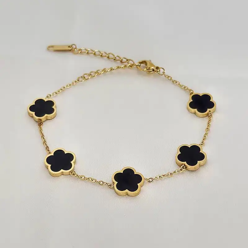 1 Piece Gold Chain Four Leaf Flower Bracelet And Necklace, In White, Black, Green, And Red Colors Respectively, Suitable For Wom