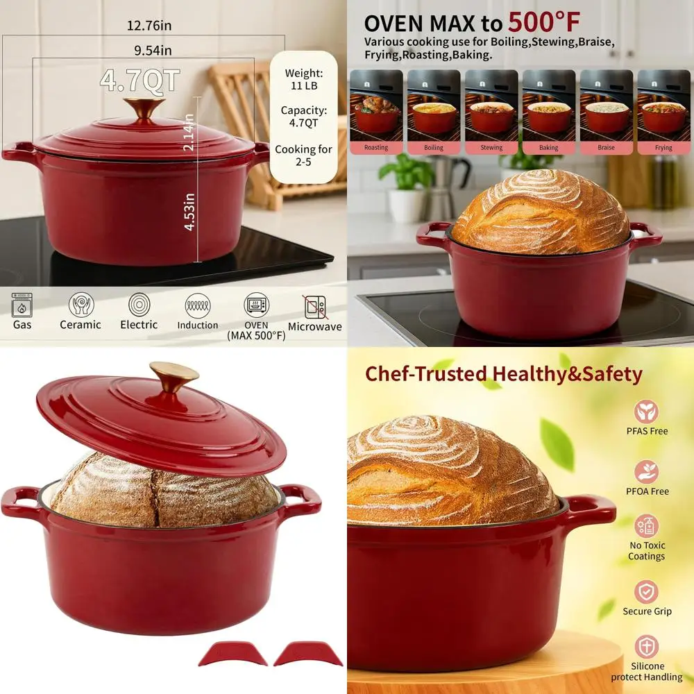 

Круглая эмалированная голландская духовка с крышкой, 4,7QT, безопасная для духовки, готовая к индукции, идеально подходит для выпечки хлеба, плески, обжарки и раковины