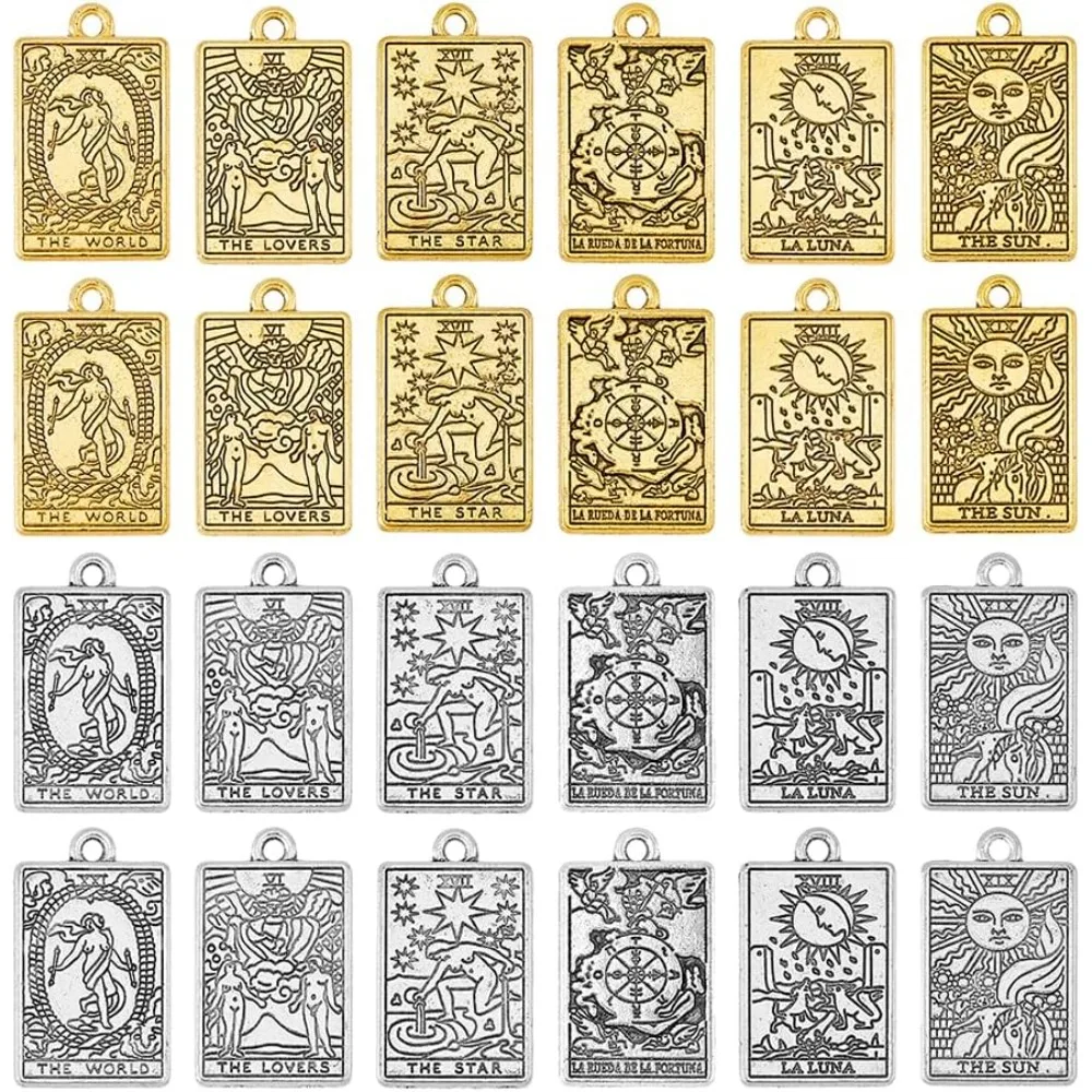 48pcs 6 Styles Alloy Tarot Card Charms Assorted Divination Card Charms Good Luck Amulet Charms Fortune Telling Pendants