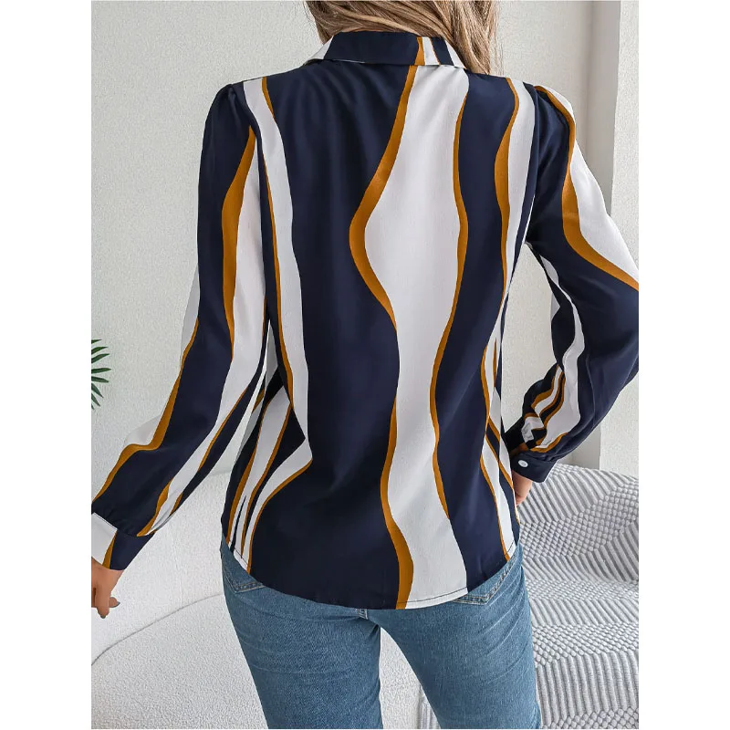 Women's Top Autumn and Winter New Fashion Splice Button Suit Collar Long Sleeve Temperament Versatile Commuting Stripe Shirt