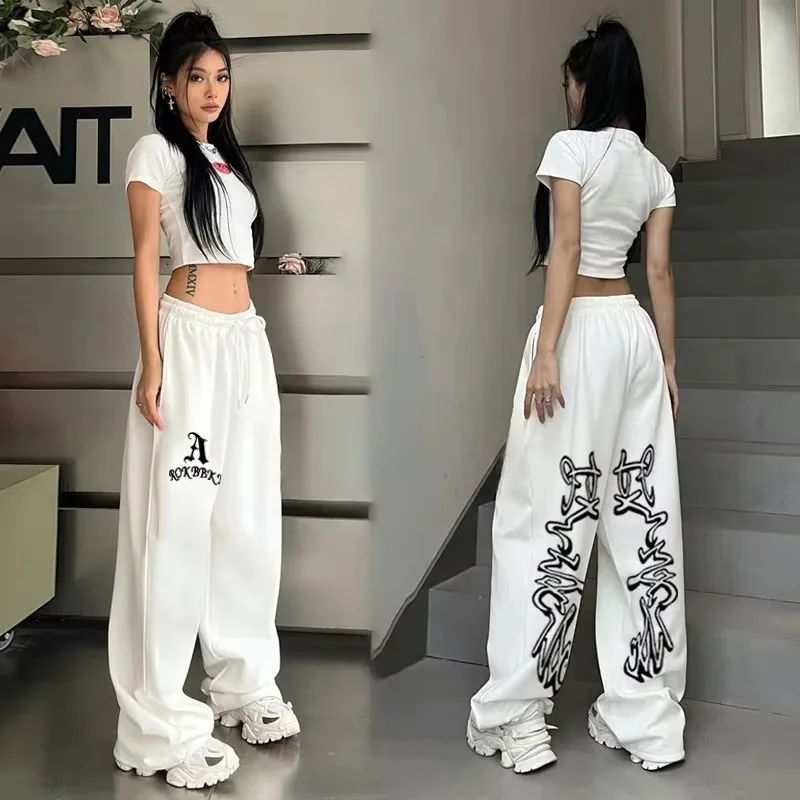 Summer Hot Sell Gothic Letter Print Wide Straight Leg Pants Unisex Elastic Drawstring Hip Hop Oversized Long Sweat Trousers Kids