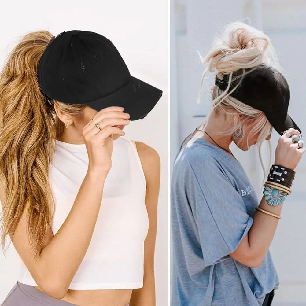 

2023 New Fashion Unisex Distressed Ponytail Dad Hat for High Bun Classic Plain Cotton Baseball Caps with Ponytail Hole