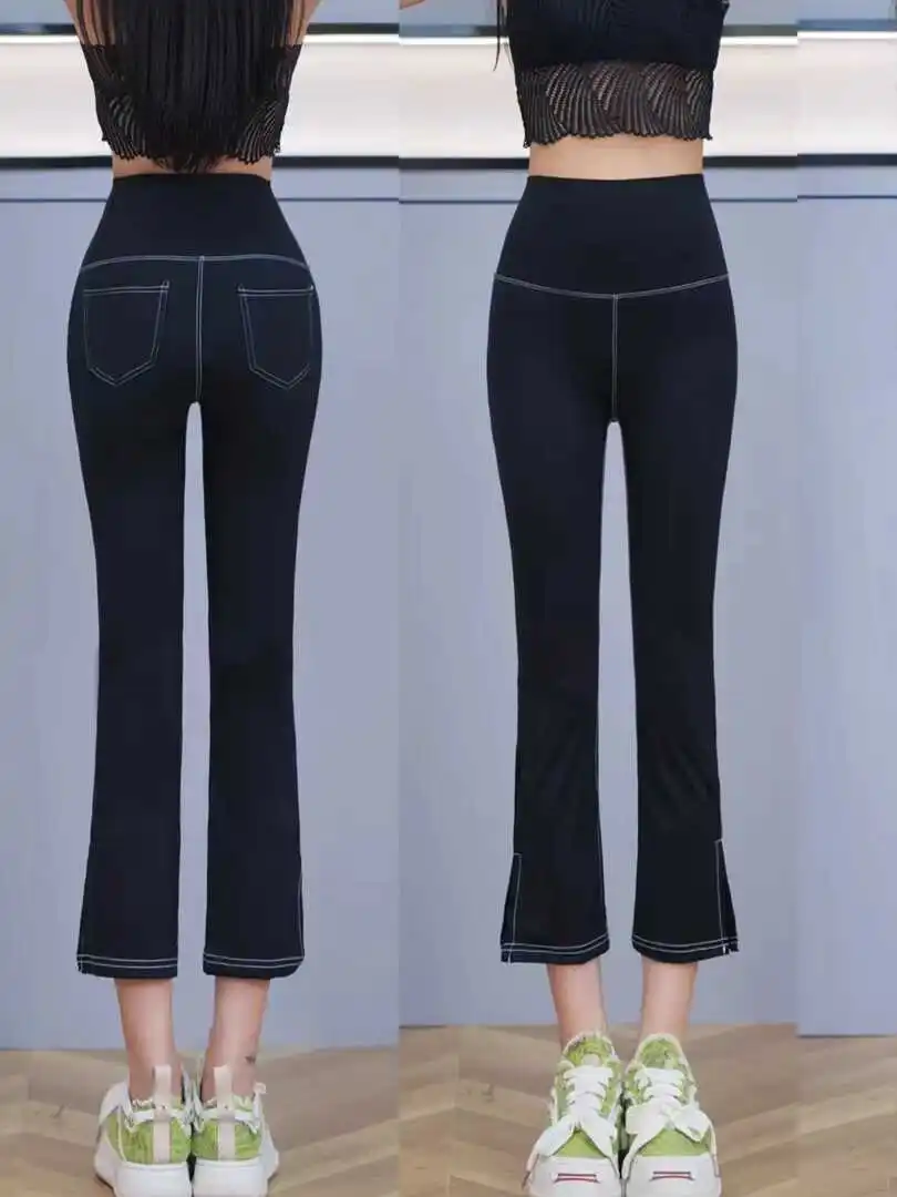 High Waist Slimming Yoga Pants Thin Summer ark Skin Pattern Tummy Control Side Slit Elastic Butt Lifting Base Layer Pants