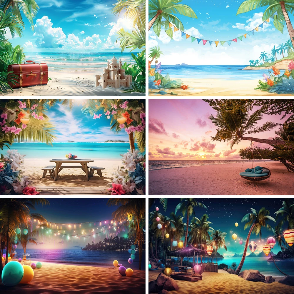 

Summer Beach Palm Tree Photography Background Blue Sky Seaside Night Beach Birthday Party Photozone Backdrop Photo Studio Props