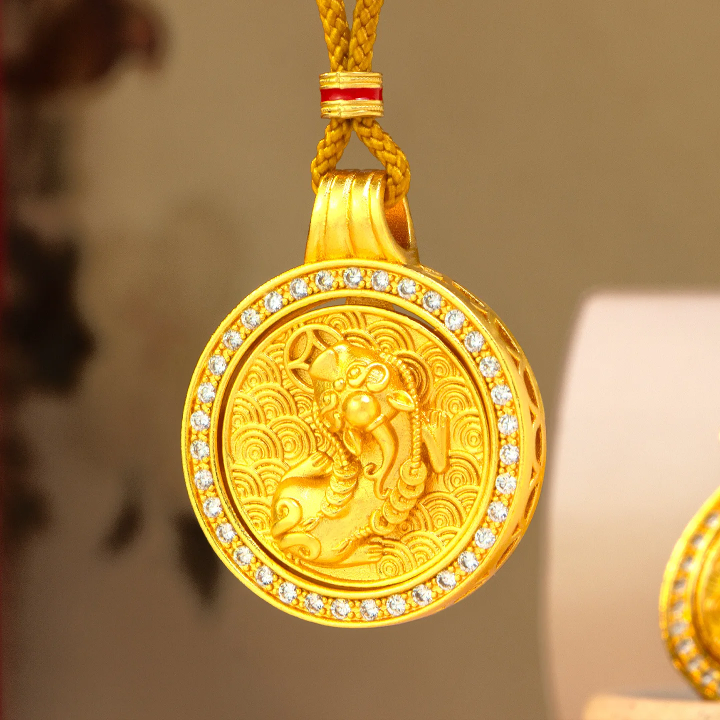 Luxury 24K 9999 Pure Gold real gold Women's Diamond Pi Xiu Compasses Rotatable Pendant Necklace