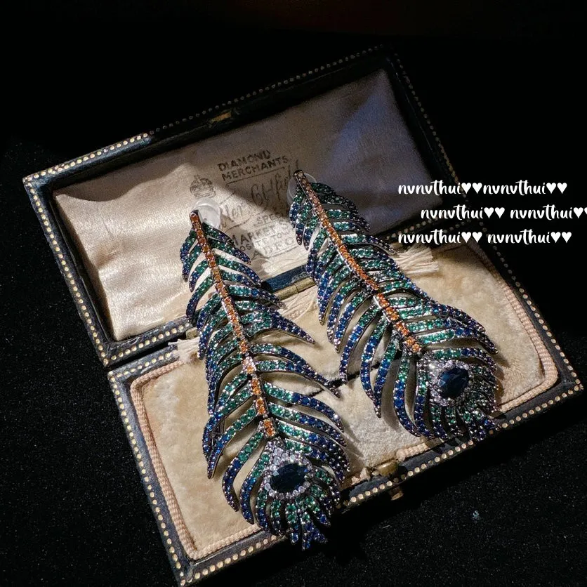 2024 New Vintage Long Tassel Peacock Feather Earrings for Women Full of Zircon Black Gold 925 Silver Needle Bohemia Dangles Gift