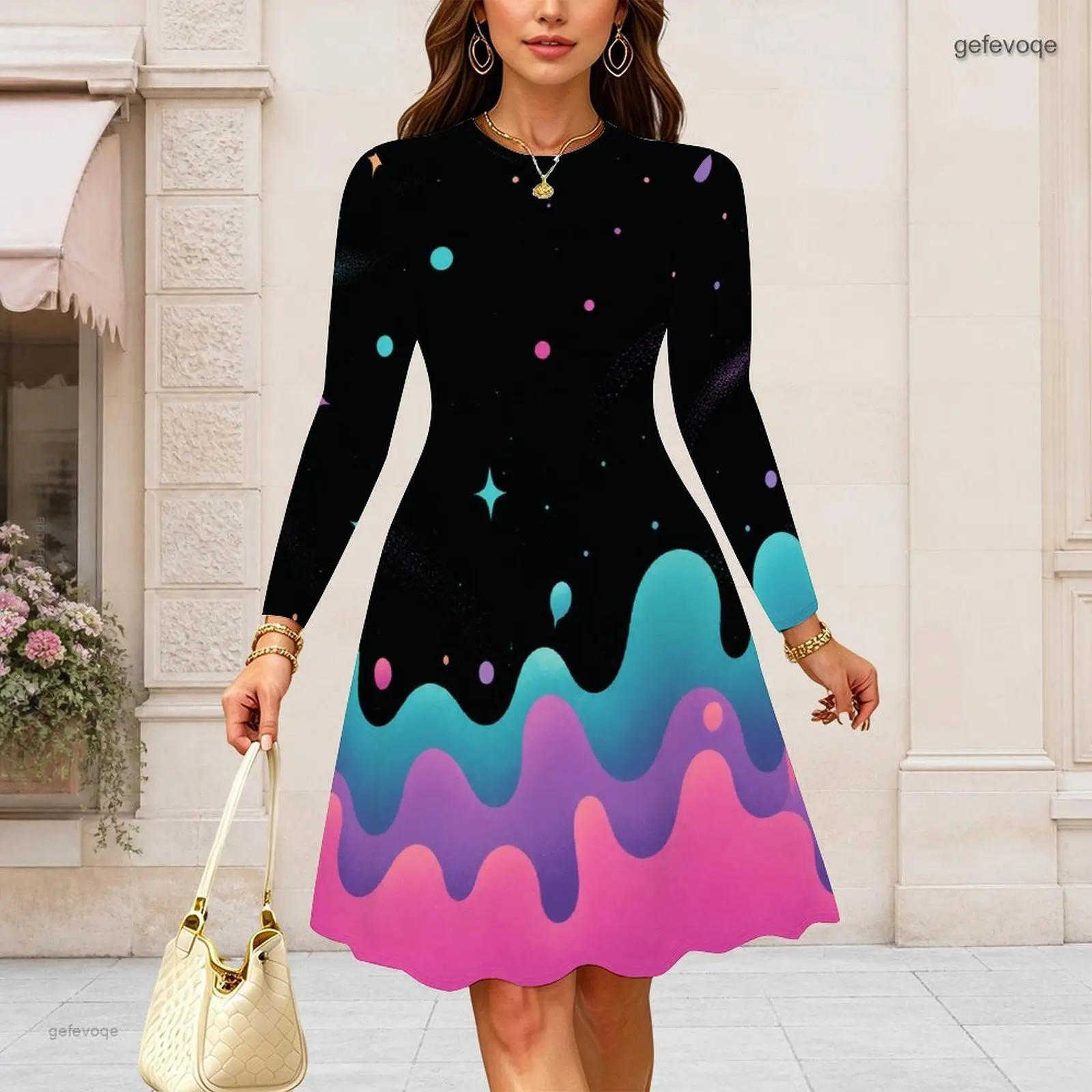 Women Round Neck Long Sleeve Midi Dress Slim Fit Waist A Line Swing Dresses Custom Print Lady Daily Party Dress