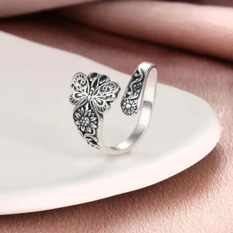 Sterling Silver Spoon Ring Vintage Butterfly and Flower Carving, Plated Symbol of Beauty and History High Quality Gift