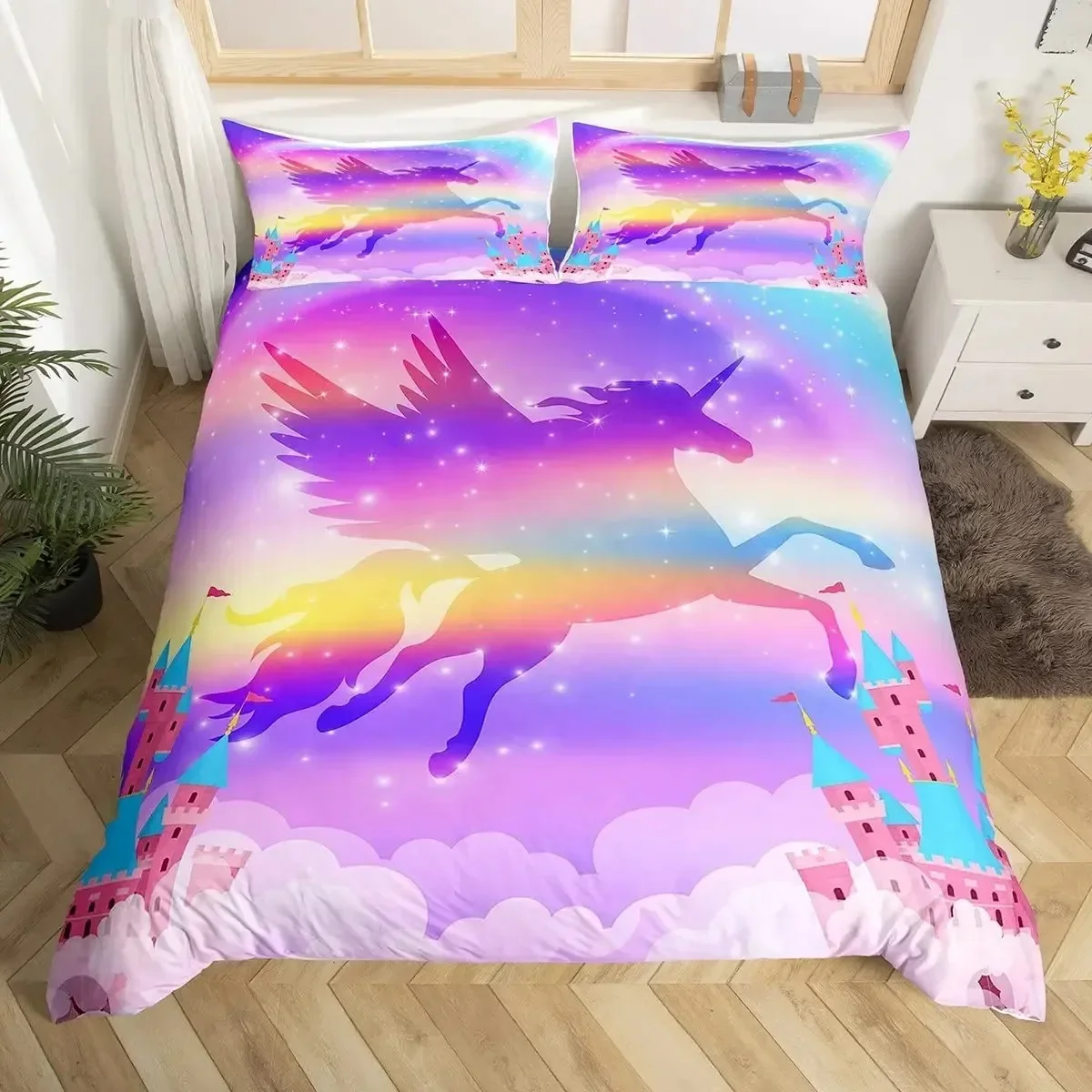 

3DUnicorn Duvet Cover Set Cartoon Animal Galaxy Star Floral Bedding Set for Kids Girls Polyester Romantic Theme Comforter Cover