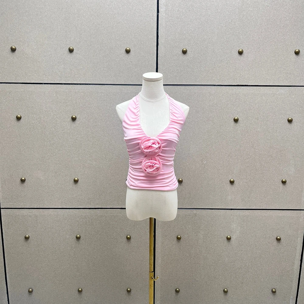 

Handmade Floral Pink Women's Backless Vest Y2K Elegant Sleeveless Tank Top with Hanging Neck Design for Spring 2026