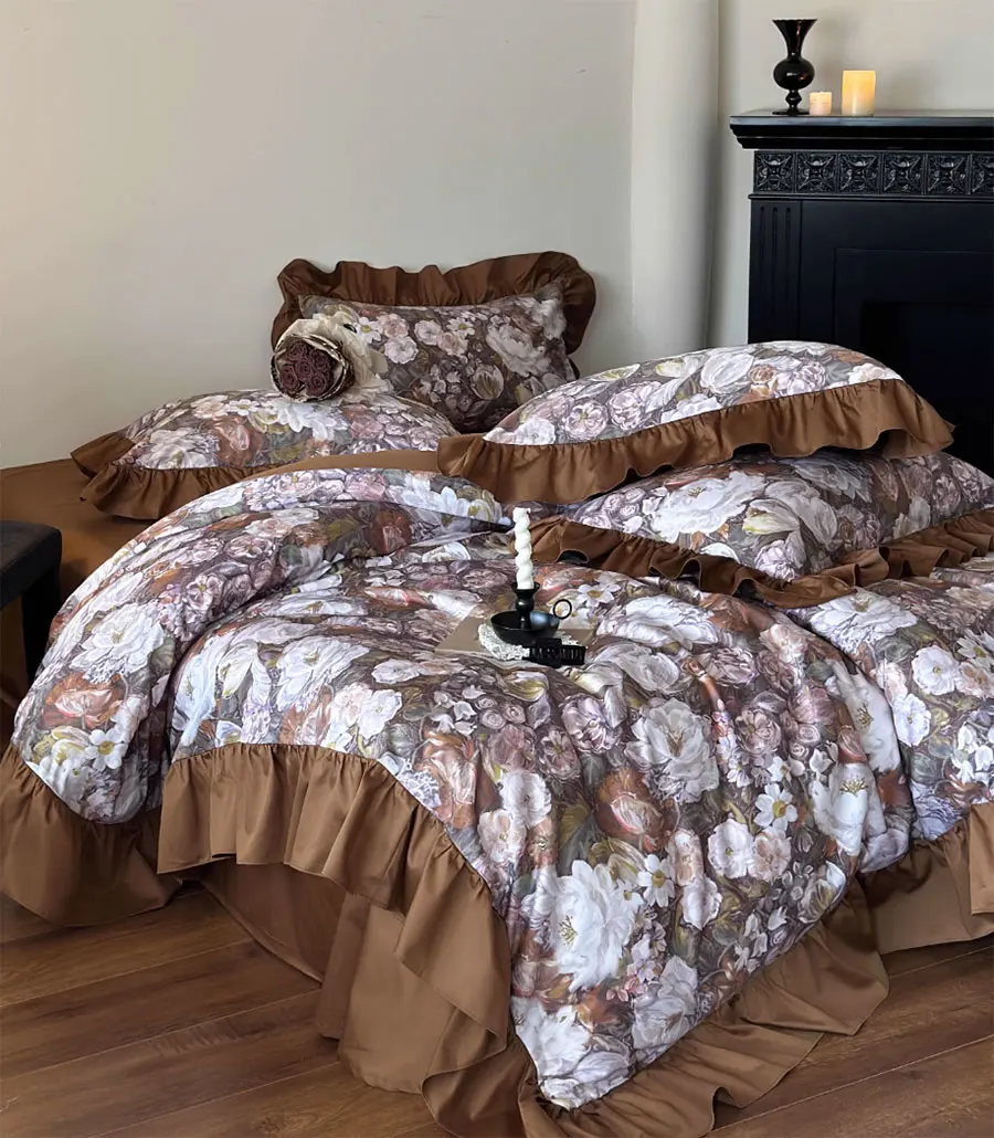 vintage pastoral flower brown coffee bedding set,full queen king fairyfair cotton home textile bed sheet pillow case quilt cover