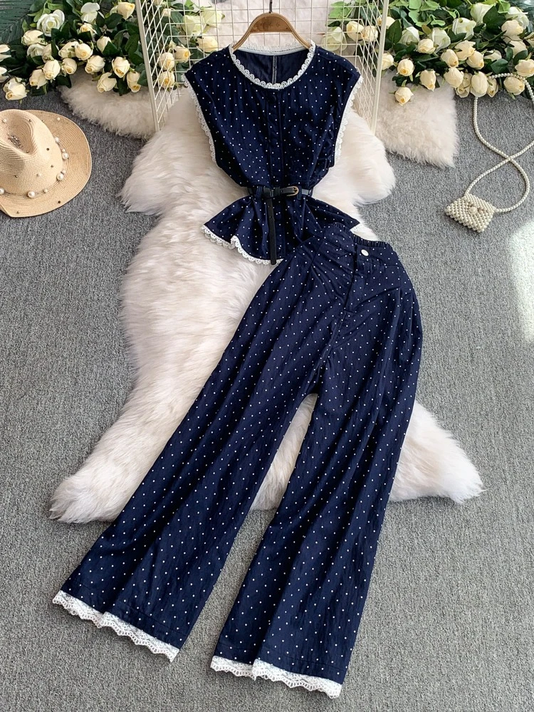 

Design sense niche lace splicing polka dot sleeveless waistless vest top+high waist slimming wide leg pants two-piece set
