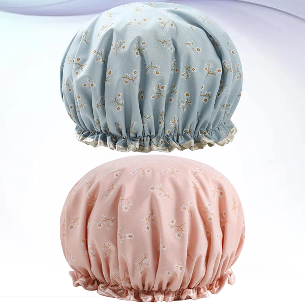 

2Pcs Lady Shower Caps Waterproof Double-Layer Design Eva Beauty Hats for Women with Creative Patterns Pink Cat
