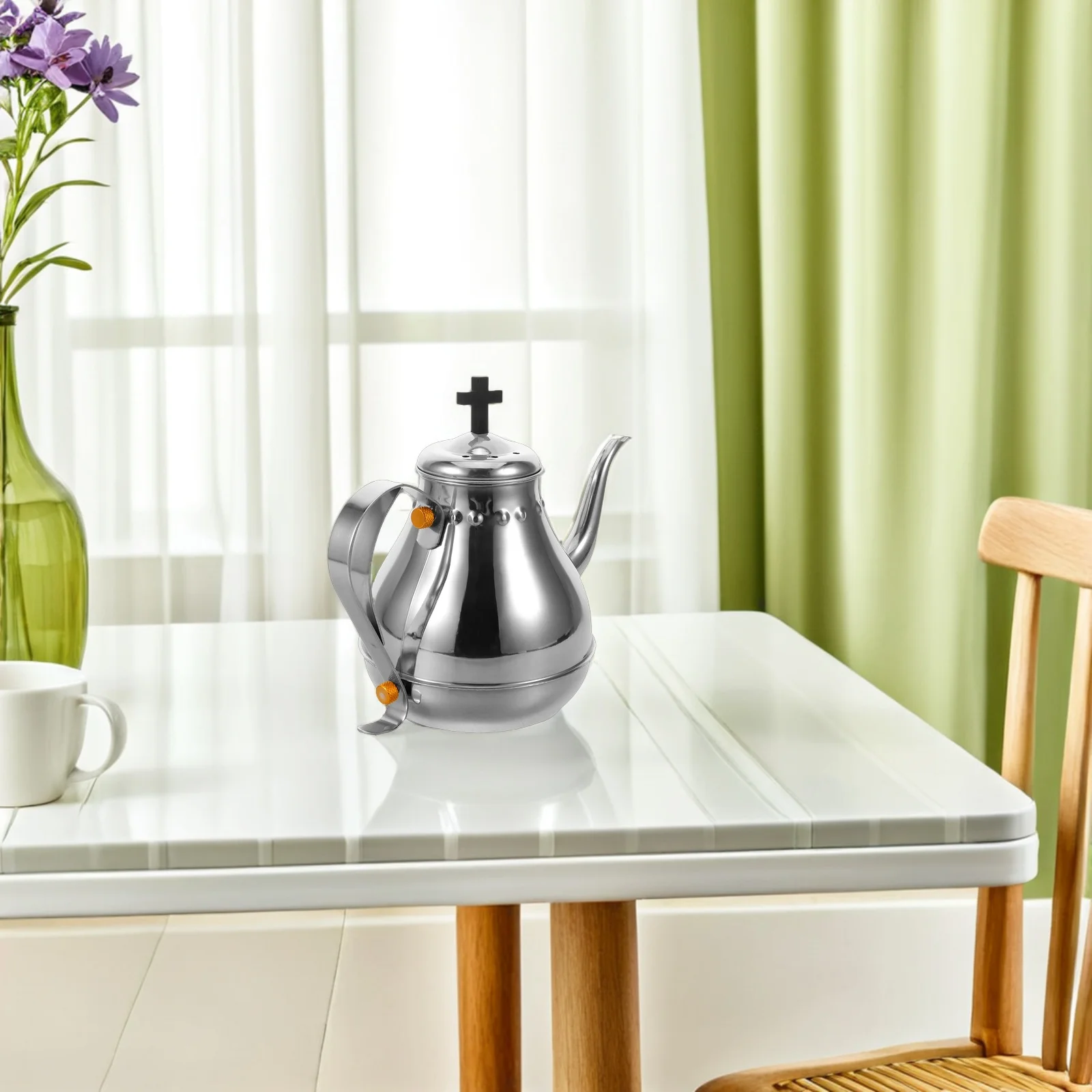 

1.2L Stainless Steel Tea Pot Vintage Cross Design For Church Home Ceremony Silver Metal Kettle Restaurant Water Kettle